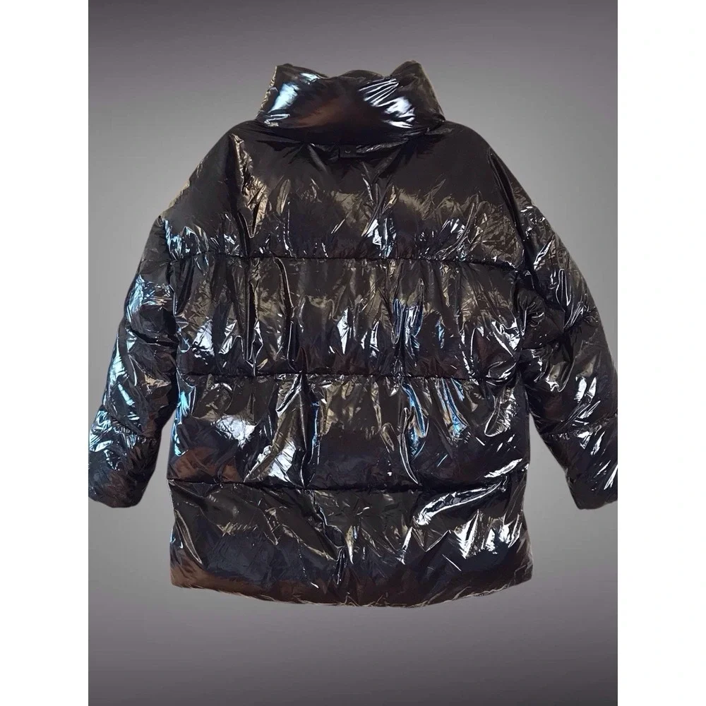 NWT Women BADGLEY MISCHKA‎ Roberta Coat Jacket Puffer Shiny Black  Vegan Down L
